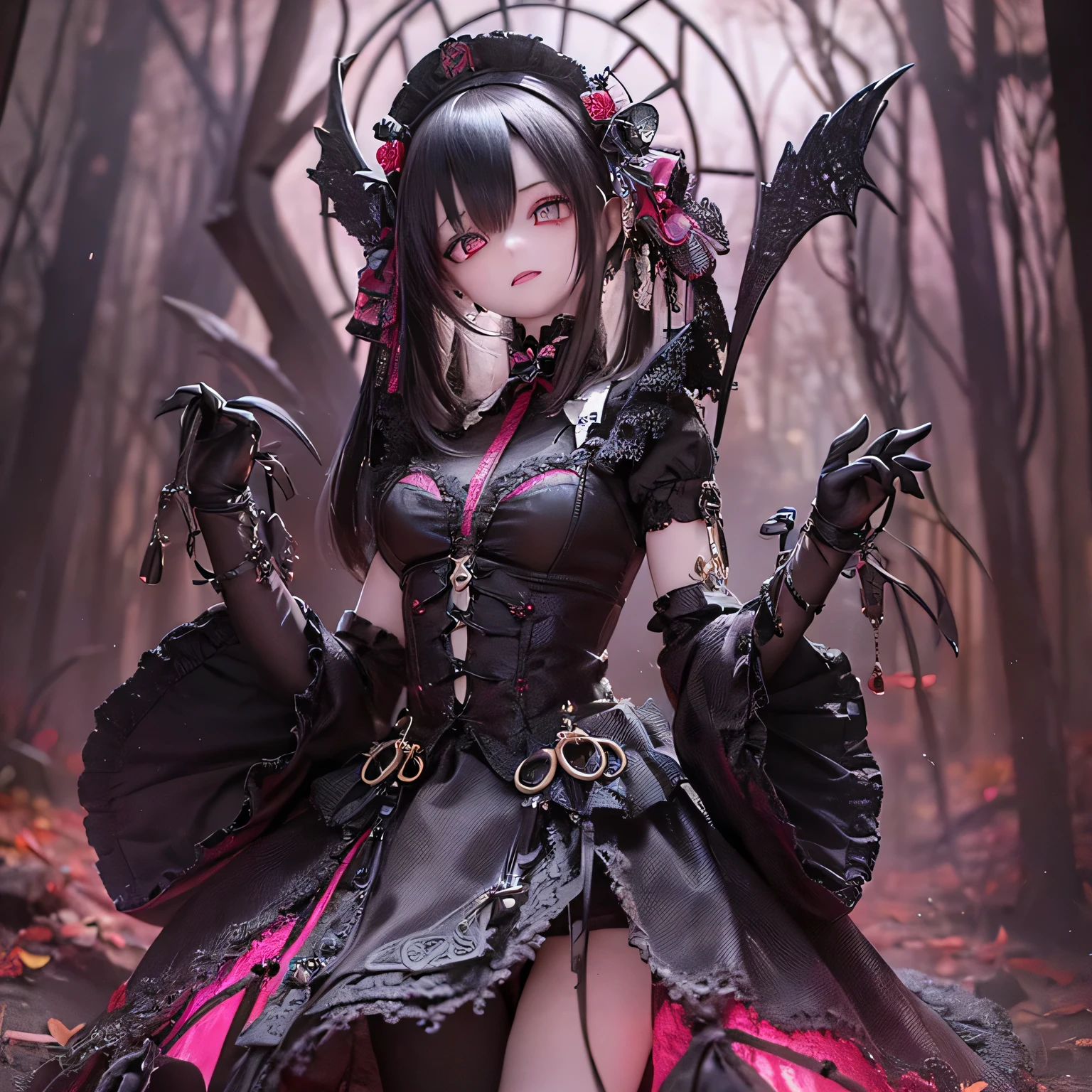 (highest quality,4K,8k,High resolution,masterpiece:1.2),beautiful detailed eye,length eyelashes,Beautiful lip detail,extremely detailed eye and face,(Vibrant colors,colorful,Contrast Enhancement:1.1),dark atmosphere,Creepy ambiance,Gothic style,Satanic before,Devilish charm,(Fine art,figure:1.1),Digital Painting,dark fantasy theme,dramatic lighting,Ghostlyly beautiful,Detailed texture, (Horror, dark, Unlucky) girl, (Gothic, Victorian) fashion, (Mysterious, Fascinating) sight, (pale, porcelain) skin, (length, Flowing) Black Hair, (elegant, Complex) Lace dress, (Unlucky, Creepy) Shadow, (Spooky, Otherworldly) background, (Illuminated by moonlight, Haunted) garden, (Unlucky, Charmed) forest, (elegant, Fascinating) Pause, (dark, Mysterious) aura, (Mysterious, supernatural) Powers, (Forbidden, Mysterious) ceremony, (Charmed, cursed) relic, (Twisted, crooked) reality, (Fascinating, Ghostly) smile, (cold, bone-cold) silence, (elegant, Gothic) architecture, (Unlucky, Hypnotize) eye, (intense, dark) emotion, (Powerful, command) before, (Unlucky, Unlucky) atmosphere, (Creepy, Creepy) detailed, (Fascinating, attractive) Performance, (Satanic, Ghostlyly beautiful) shape, (elegant, Creepy) composition, (Surreal, dream-like) scenery, (strict, Unlucky) cloud, (Magic, Mysterious) element, (Charmed, Ghostly) aura, (Shadow, Mysterious) shapes, (Haunted, Abandoned) apartment, (Unlucky, malicious) figure, (supernatural, Otherworldly) energy, (Ghostly, cold) Whisper, (elegant, dramatic) Pauses, (Mysterious, Mysterious) beauty, (Devilish, Fascinating) eye, (intense, Powerful) sight.spread arms
