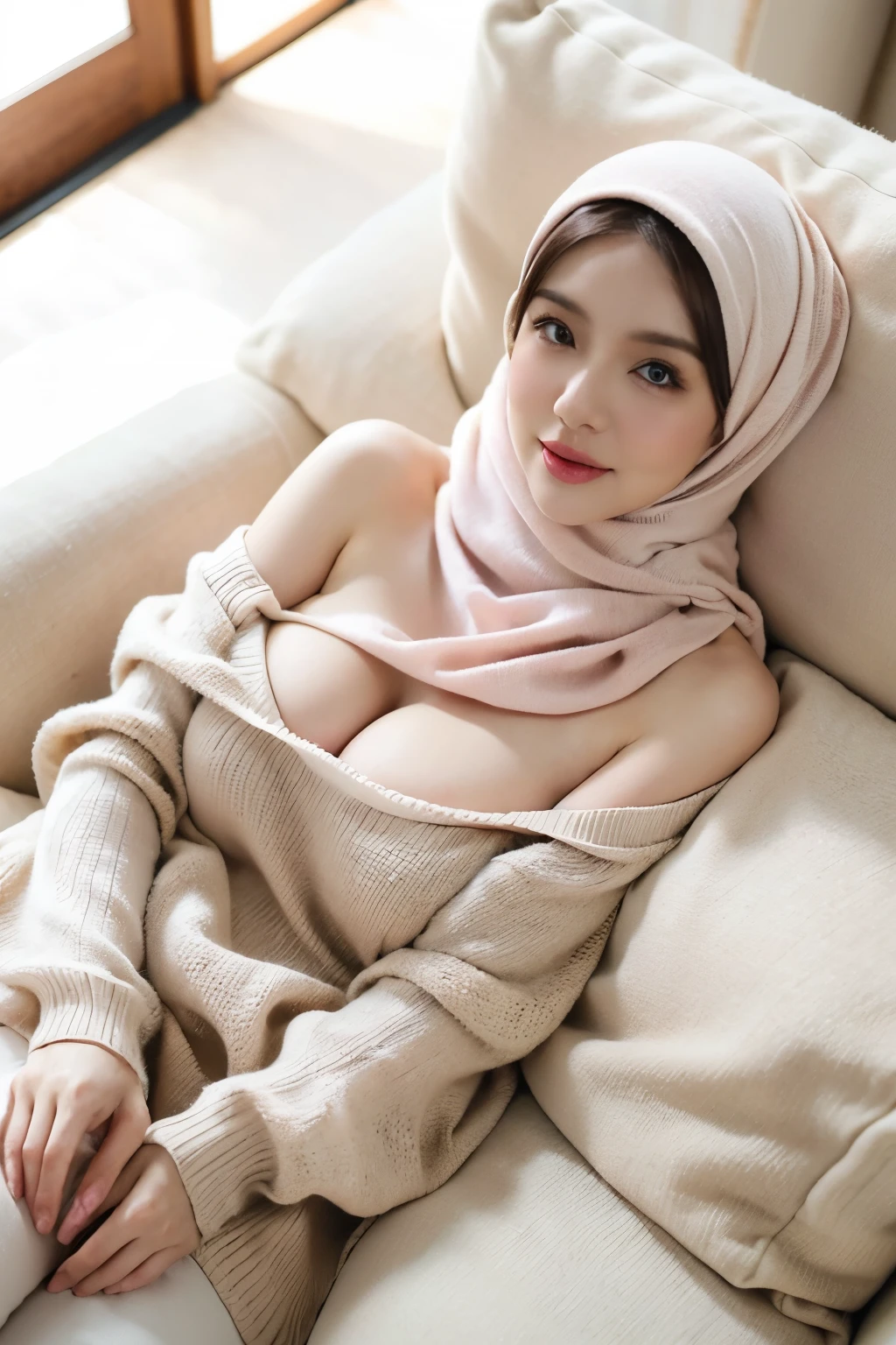 (Very realistic photo, soft light, nice textures), one 25 yo girl, crawling on sofa, pillows, wearing pink hijab, wearing beige sweater, off shoulder sweater, huge breast, crawling, shot from above