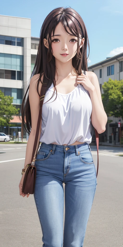 Kaori Brown Long, Brown hair, Pretty Face, Smile ,blush,Blue sky, on the street, Casual wear, jeans ,Bare shoulders,Bare belly,Huge breasts, cleveage,Extremely detailed wallpaper, Perfect lighting, Sunlight,(8k, original photo, best quality, masterpiece: 1.2), (Practical, Practical: 1.37), Ultra-high resolution