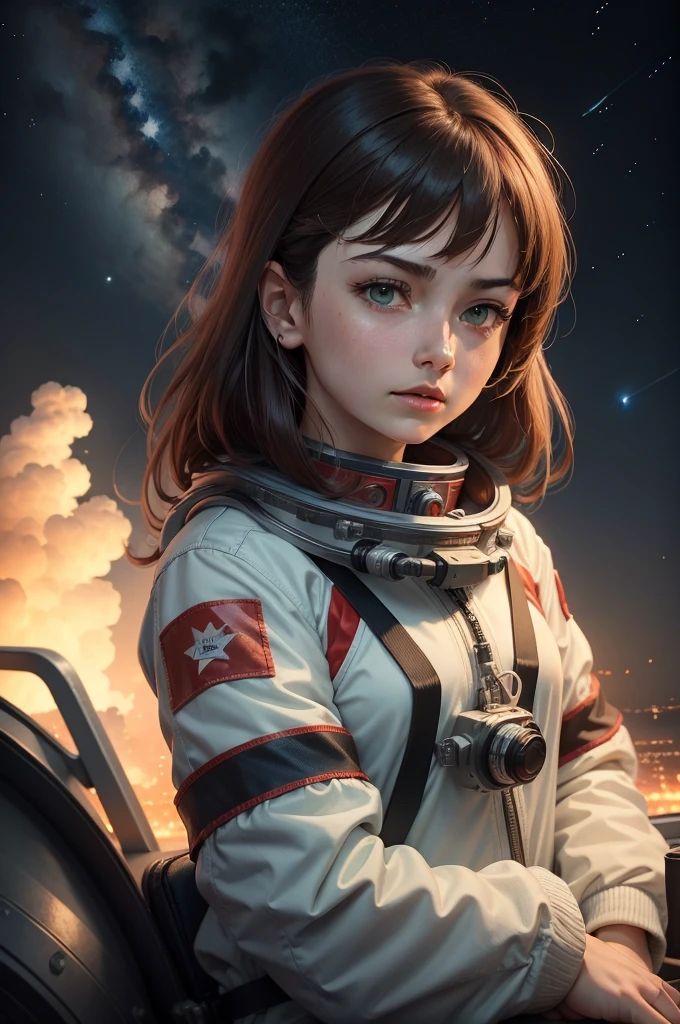 Soviet Union, Soviet Union动漫风格, Outer Space, Female astronaut, , 旧Soviet Union动画片, Filter, Star, Night Sky, I get it, night, Brown hair, Green Eyes,
