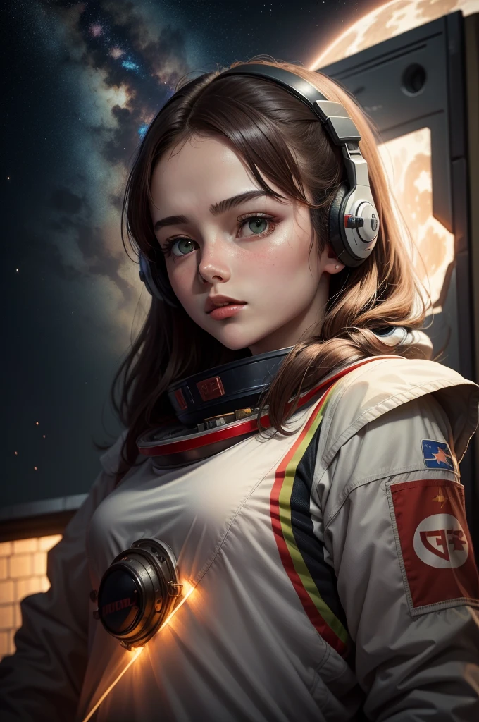 Soviet Union, Soviet Union动漫风格, Outer Space, Female astronaut, , 旧Soviet Union动画片, Filter, Star, Night Sky, I get it, night, Brown hair, Green Eyes,