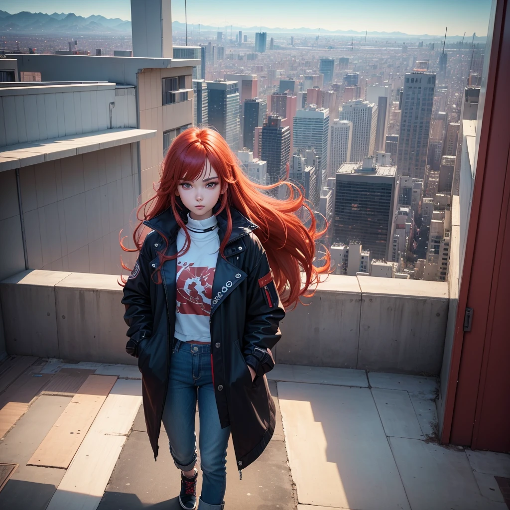 (best quality,4K,8k,high resolution:1.2),Super detailed, A girl, Vermillion hair, scarlet hair, Blowing in the wind, Looking into the distance, Cyan eyes, anime style,panoramic, Vision, stand aside, Hands in pockets,Pants,Fashionable clothes,Sportswear,Wide trench coat,Neon Tokyo,View from the roof, View from high-rise buildings, roof, city View,Night Sky,Star