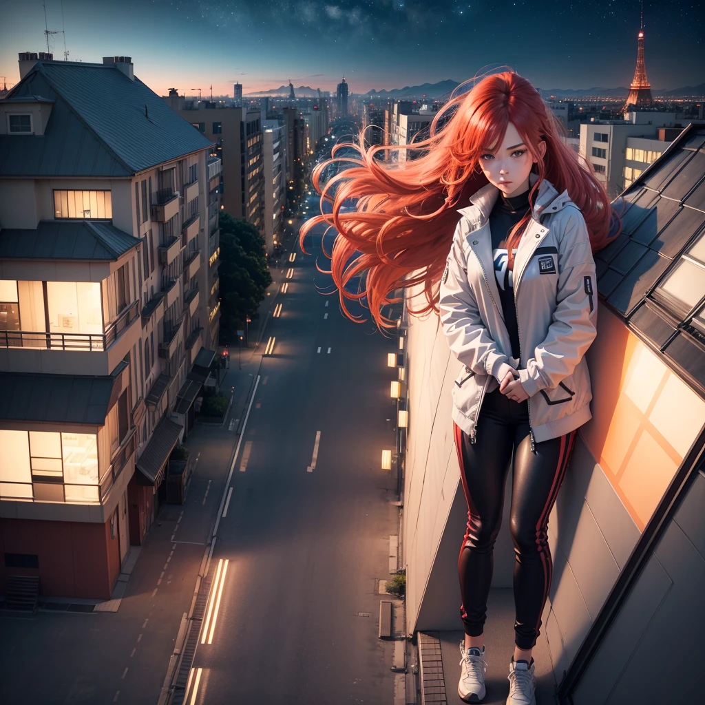(best quality,4K,8k,high resolution:1.2),Super detailed, A girl, Vermillion hair, scarlet hair, Blowing in the wind, Looking into the distance, Cyan eyes, anime style,panoramic, Vision, stand aside, Hands in pockets,Pants,Fashionable clothes,Sportswear,Wide trench coat,Neon Tokyo,View from the roof, View from high-rise buildings, roof, city View,Night Sky,Star