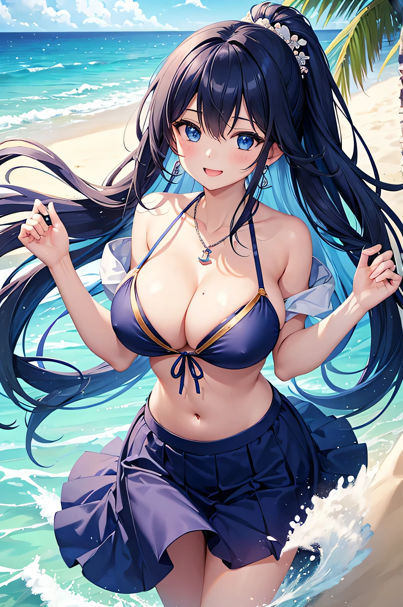 highest quality、Best image quality、masterpiece、beautiful girl、Navy blue long hair、blue eyes、Navy Blue Bikini、Big cleavage、(Big Breasts)、smile、blue necklace、Blue Earrings、background(Beach)、Sexy pose、Please open your mouth wide、Navy Blue Skirt