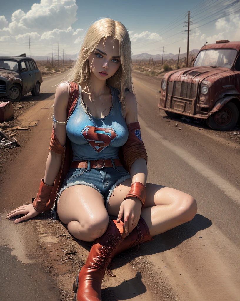 yael shelbia (Super Girl Beautiful and Bold, Seductive and captivating, blue eyes, Pointed breasts, Long blond hair and, Sweating, Open-front shirt with Superman "S" logo, shorts, I, Red Boots, Thick Legs). (Deserted Road, Dirt Road, Blood, smokes, Abandoned car, newspaper, Waste products, The body lies on the ground, Abandoned roads, Apocalyptic landscape, Movie Effects), (best quality, masterpiece, Depth of Field, Full HD, 4K, Rich in details). Portrait style
