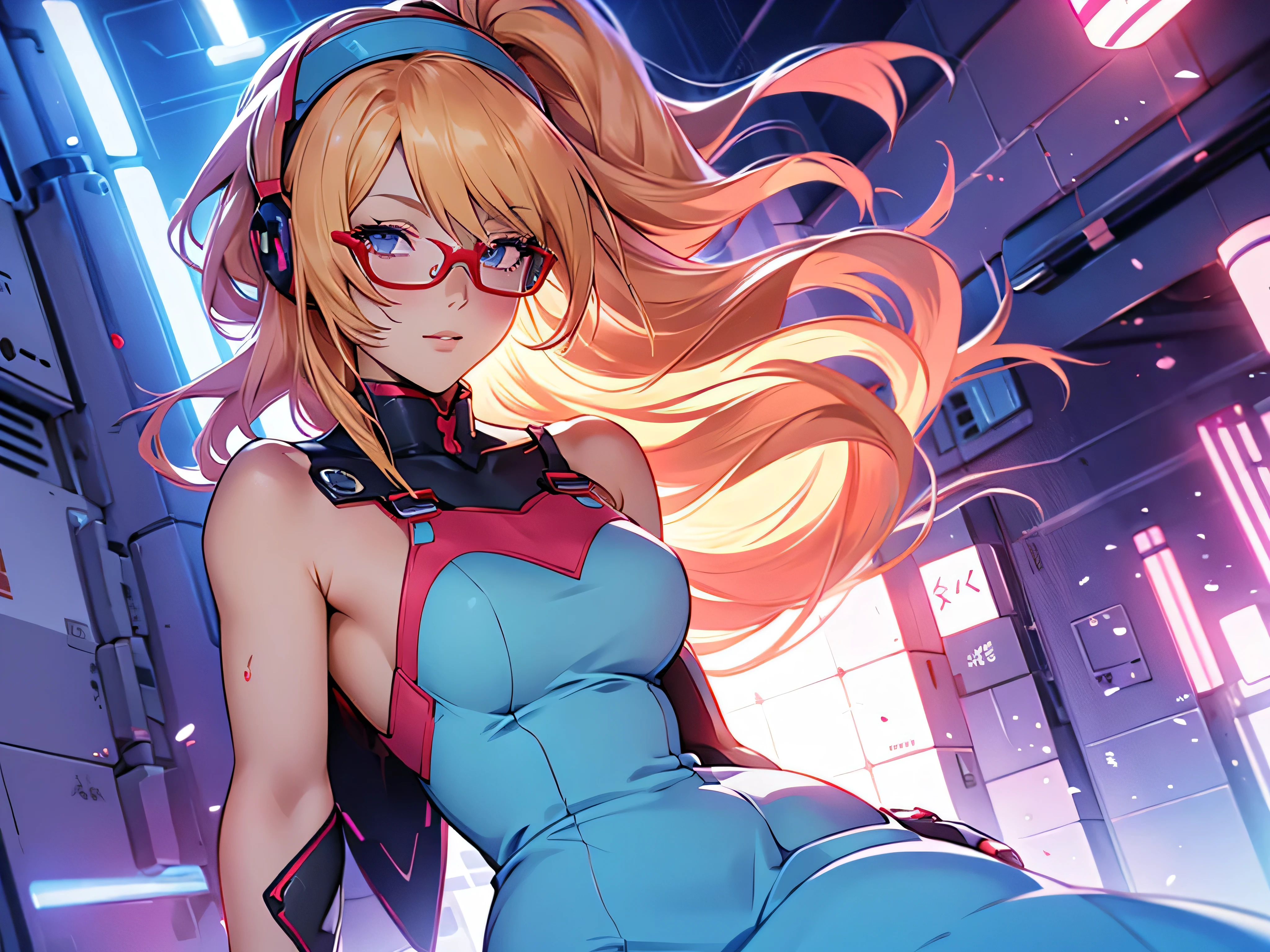 anime,An illustration,purple robot,Mobile Suit,Dom,Light blue check dress,Red glasses,Blonde,Light blue mesh hair,beautiful girl,Sora Sakurano,one person