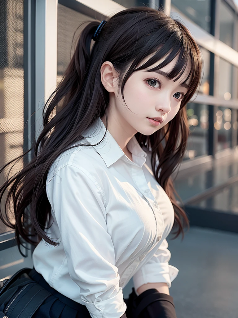 There was a girl wearing a white shirt going to the office, Kawaii realistic portrait,25 years old， Smooth anime CG art, Portrait Anime Girl, Realistic anime, Cute digital painting, Realistic anime art style, 3D animation realistic, Realistic cute girl, Realistic anime女孩渲染, 3D Anime Girl, Realistic anime 3D 风格, Realistic young anime girl, Cute digital art，casual hairstyle,Smile,big eyes,,arwen，Maximum chest，Full body image，Extremely beautiful face，Hands down