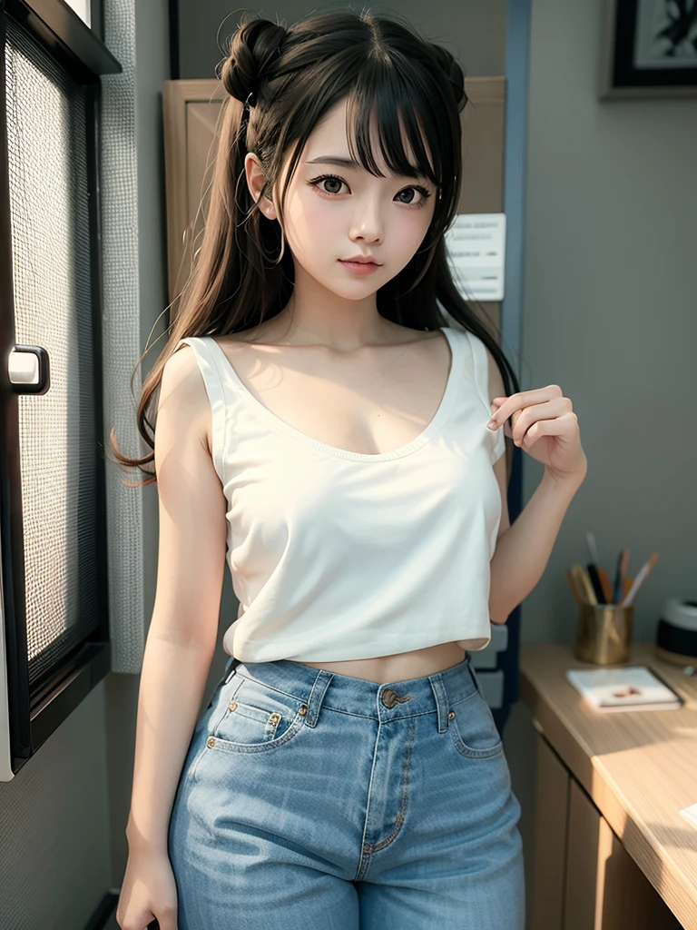 There was a girl wearing a white shirt going to the office, Kawaii realistic portrait,25 years old， Smooth anime CG art, Portrait Anime Girl, Realistic anime, Cute digital painting, Realistic anime art style, 3D animation realistic, Realistic cute girl, Realistic anime女孩渲染, 3D Anime Girl, Realistic anime 3D 风格, Realistic young anime girl, Cute digital art，casual hairstyle,Smile,big eyes,,arwen，Maximum chest，Full body image，Extremely beautiful face，Hands down