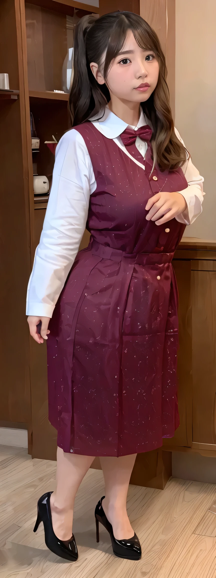 Japanese maid, Mature Woman, ((A little chubby, Round face, About 40)), Rimless round glasses, Wavy black hair with no bangs, Long Hair, Twin ponytail, Flashy makeup, Fuller lips, Sexy Gaze, uniform, ((dressing)), looking at the camera, Low angle shooting, Cute duck mouth,((Extremely precise and accurate anatomy)),  (masterpiece:1.43), Perfect Proportions, Realistic photos, Full Shot, whole body, (height: 148cm), High heels Has two legs,Has two arms、Has two legs, You need two arms)) 