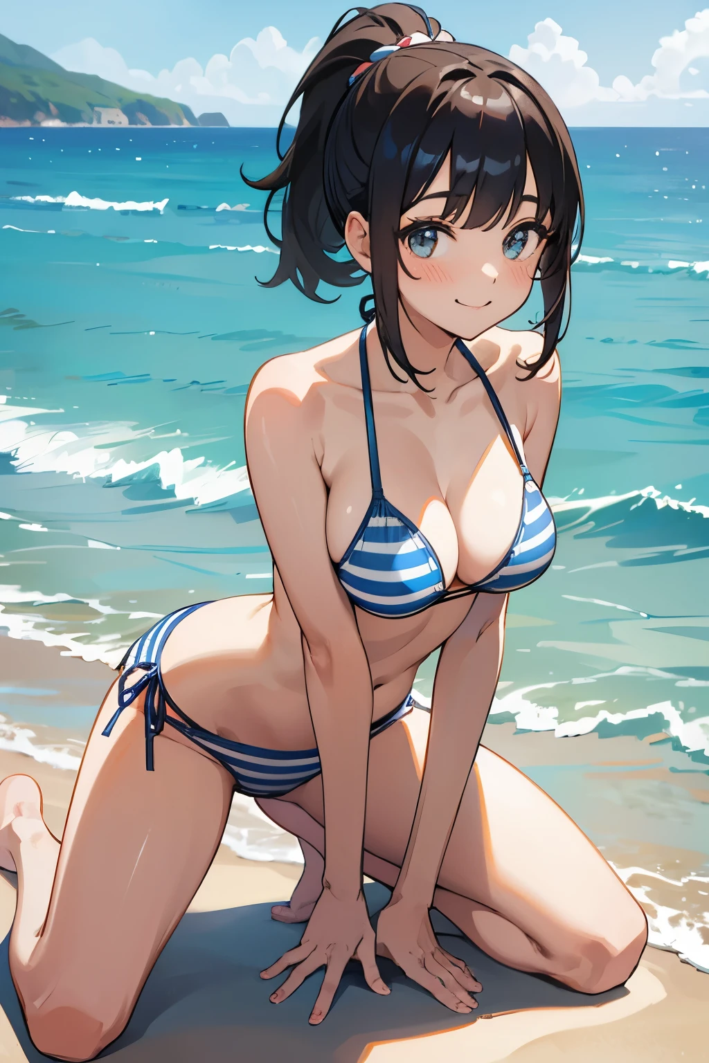 nsfw,masterpiece, best quality, ultra-detailed, Beautiful lighting,8k,shiny skin, medium breasts, embarrassed, beach, smile, open mouth, front view, akane, slingshot swimsuit blue one-piece swimsuit ,pubic hair,cupless bikini,crotchess bikini,open stance,double peace,pov,looking at viewer,