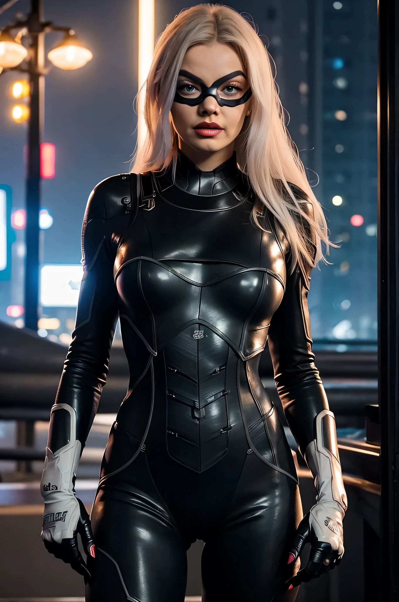 Samara Weaving Black Cat standing at the New York roofs, neon lights, night, red lips, bodysuit, mask, closed mouth, sexy look, open legs, ((gloves with claws)), upper body close portrait, big breast, Porta 160 color, shot on ARRI ALEXA 65, sharp focus, ((highest details, photorealistic, high background details, high face details)), stockings, city landscape, slim and fit body, athletic, little musculus, analog style, hyper detailed movie portrait of gorgeous (syds woman:1.35), ((blue eyes, smooth and clear pupils in the eyes))