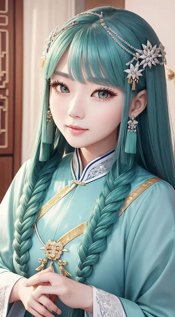 Chinese women in their 30s are very cute。has green eyes、Wearing gorgeous national costumes、Silver hair braids、Wear a lot of accessories、Royal Girl、