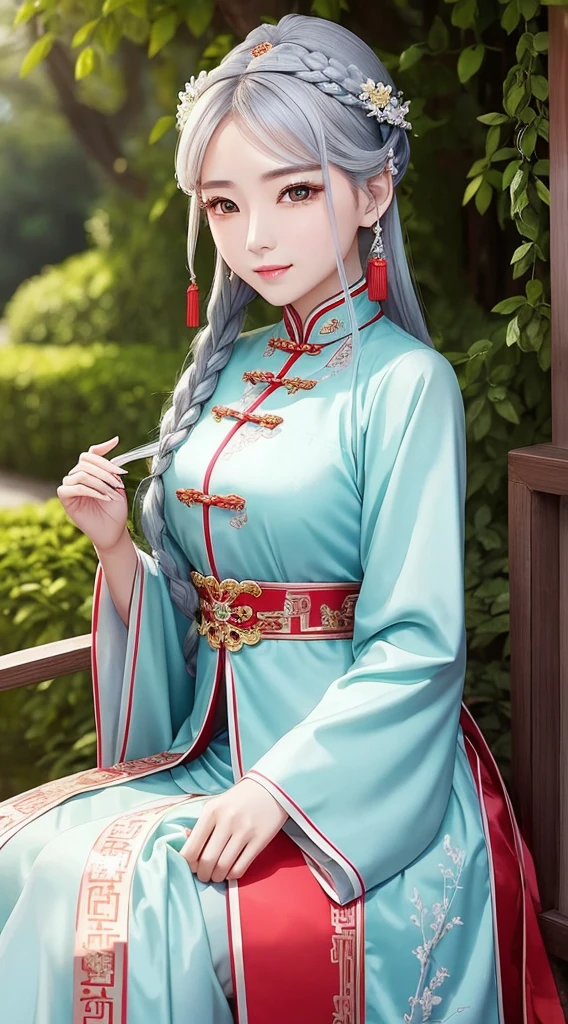Chinese women in their 30s are very cute。has green eyes、Wearing gorgeous national costumes、Silver hair braids、Wear a lot of accessories、Royal Girl、