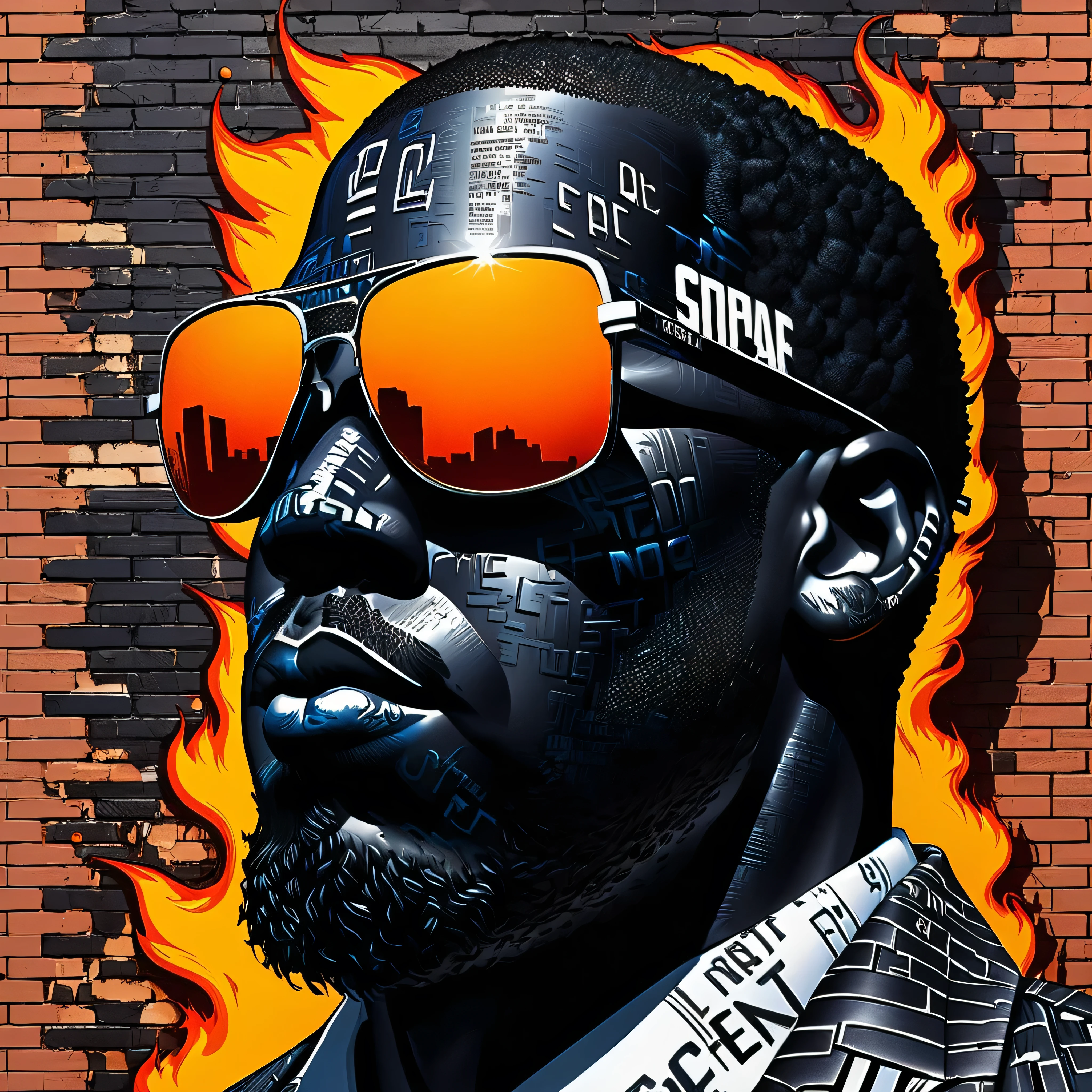 Spray paint letters black man and sunglasses on brick wall and letters graffiti and fire lines, cyberpunk style, Graffiti-Hintergrund an der Wand, best quality, Meisterwerk, digitaler Kunststil, Einzelheiten, Graffiti-Buchstaben, GTA-Stil