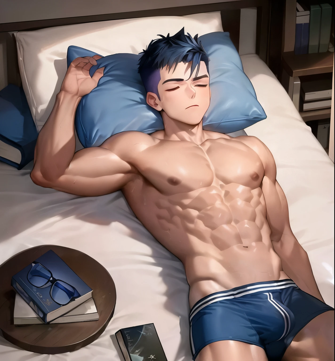 anime boyLying in bed,Holding a book and a mobile phone in his hand, Cool anime poses, Male Art, muscular!!, Anime handsome man, muscular!,anime boy, male anime character, a muscular, murata and artgerm series, Extremely detailed artger, Smooth anime CG art, Lying in bed, In the anime painter studio