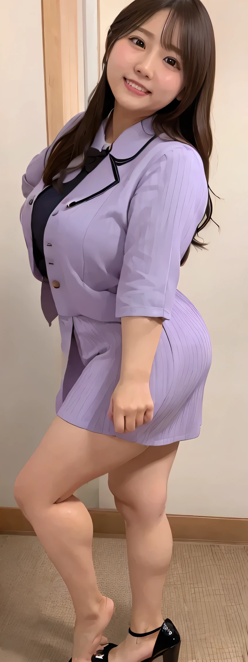 Japanese maid, Mature Woman, ((A little chubby, Round face, About 40)), Rimless round glasses, Wavy black hair with no bangs, Long Hair, Twin ponytail, Flashy makeup, Fuller lips, Sexy Gaze, uniform, ((dressing)), looking at the camera, Low angle shooting, Cute duck mouth,((Extremely precise and accurate anatomy)),  (masterpiece:1.43), Perfect Proportions, Realistic photos, Full Shot, whole body, (height: 148cm), High heels Has two legs,Has two arms、Has two legs, You need two arms)) 