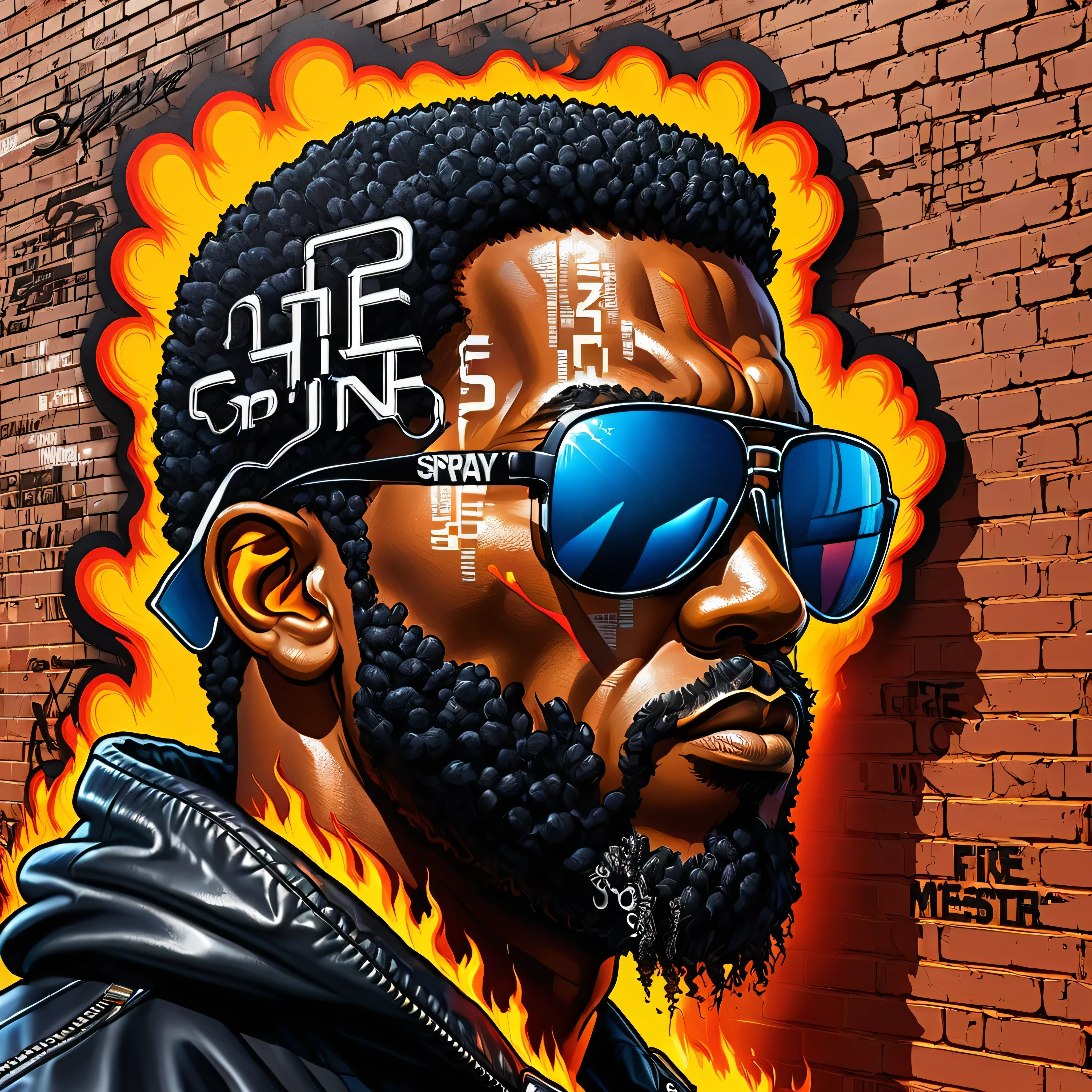 Spray paint letters black man and sunglasses on brick wall and letters graffiti and fire lines, cyberpunk style, Graffiti-Hintergrund an der Wand, best quality, Meisterwerk, digitaler Kunststil, Einzelheiten, Graffiti-Buchstaben, GTA-Stil