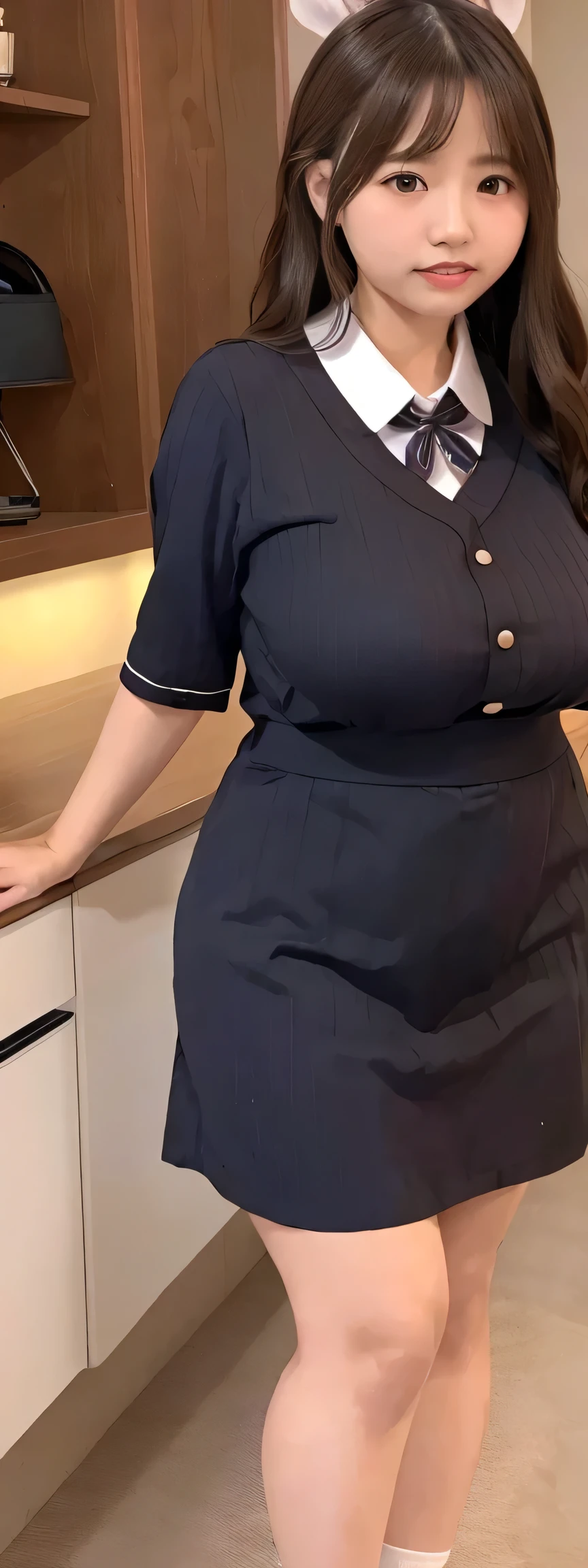 Japanese maid, Mature Woman, ((A little chubby, Round face, About 40)), Rimless round glasses, Wavy black hair with no bangs, Long Hair, Twin ponytail, Flashy makeup, Fuller lips, Sexy Gaze, uniform, ((dressing)), looking at the camera, Low angle shooting, Cute duck mouth,((Extremely precise and accurate anatomy)), (masterpiece:1.43), Perfect Proportions, Realistic photos, Full Shot, whole body, (height: 148cm), High heels Has two legs,Has two arms、Has two legs, You need two arms))
