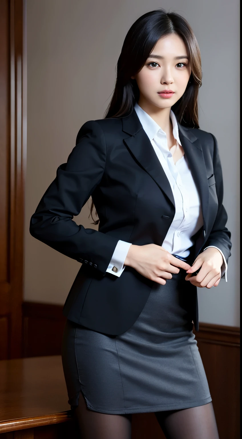 An elegant, upper-class, elite secretary in a business shirt, Working in the office、厳格なbusiness suitを着用する, Wearing pantyhose、Wear high-quality high heels、 Girl in a shirt, business suitを着用する, business suitを着用する, business suitを着て, Businesswoman, Business Attire, 黒のbusiness suitを着ている, Wear a shirt and skirt, business suitを着た女性, business suit, business attire, RAW Photos, (8k、highest quality、masterpiece:1.2)、(Intricate details:1.4)、(Photorealistic:1.4)、Octane Rendering、Complex 3D rendering with ultra-detail, Studio Soft Light, Rim Light, Vivid details, Super Detail, Realistic skin texture, Detailed aspect, Beautiful details in the eyes, Highly detailed CG Unity 16k wallpaper, compensate, (Detailed Background:1.2), Exposed thighs!!!,