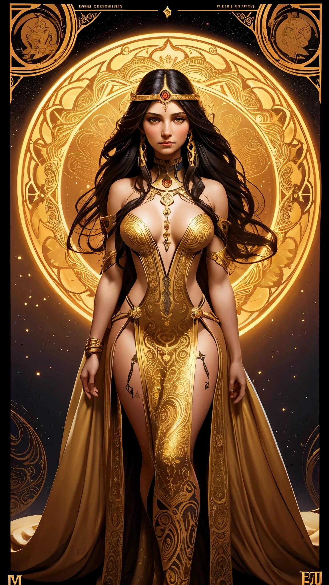 (A beautiful cinematic ornamented female sand goddess, golden dress, glow golden tattoo), (galactic Shaman with Quantum Energy fantasy), fantasy magic, long hairstyle, dark light night, intricate, ethereal, sharp focus, illustration, highly detailed, digital painting, concept art, matte, (art by WLOP), (by Justin Gerard and Jason Edmiston: 1.5), (by Greg Rutkowski: 0.4), (by Alphonse Mucha: 0.4), masterpiece