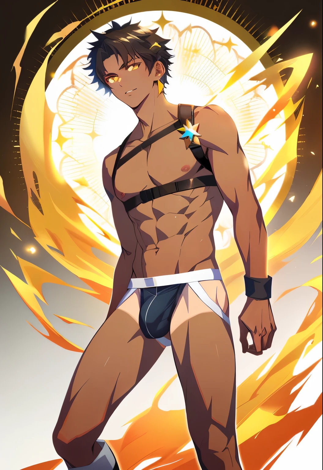 anime guy with a muscular body and a harness on, fire!! whole body, fire behind him, , 有着金色的fire焰之翼, Makoto, (fire), spear, High resolution commissions, Tall anime man with blue eyes, Total commission, muscular!!, Handsome Japanese demon boy,