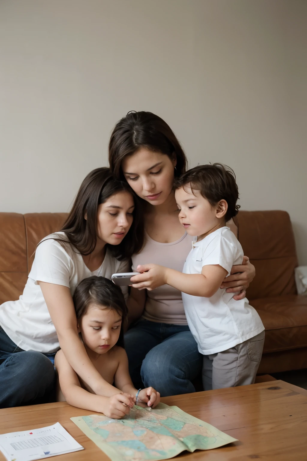 Mother and her children with a map and a cell phone