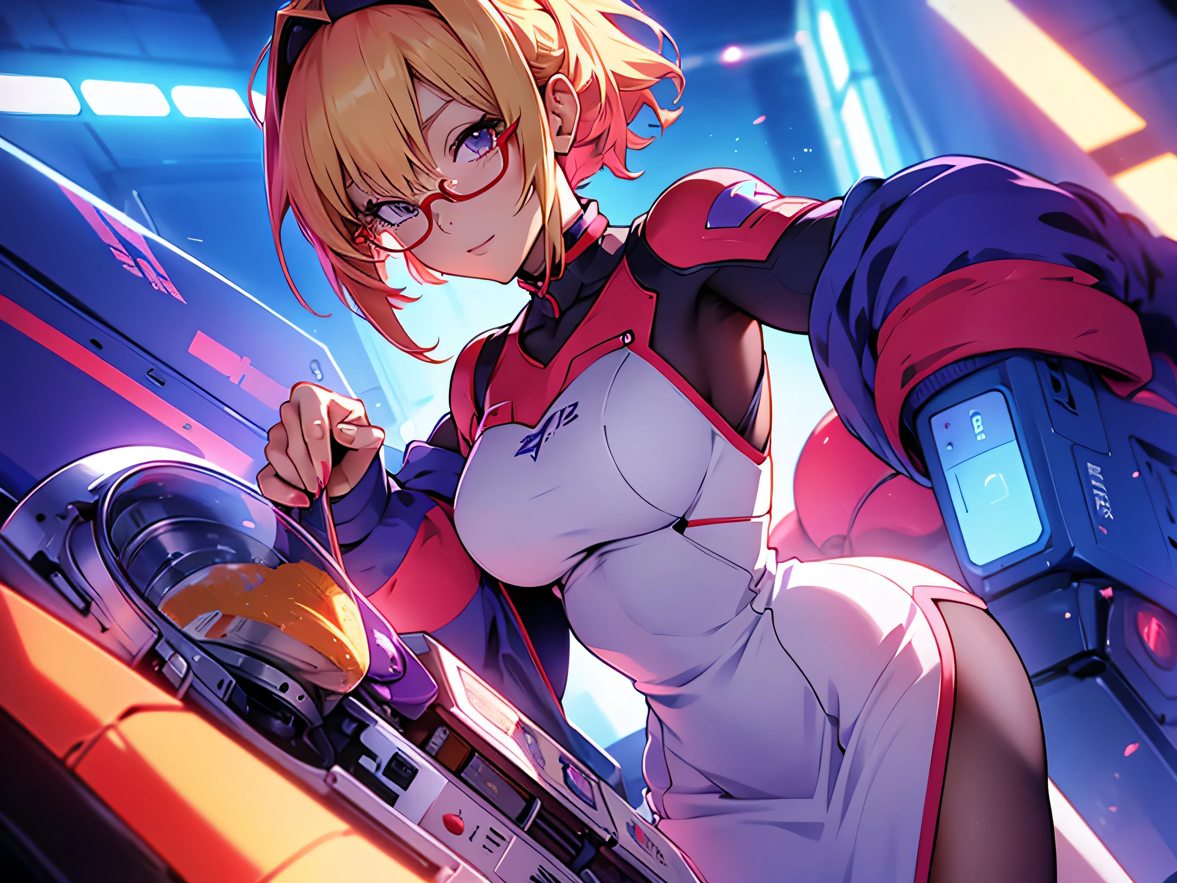 anime,An illustration,purple robot,Mobile Suit,Dom,Light blue check dress,Red glasses,Blonde,Light blue mesh hair,beautiful girl,Sora Sakurano,one person