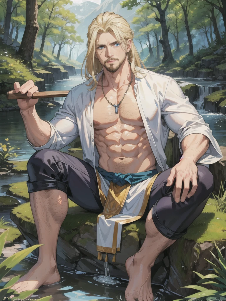(best quality), masterpiece, ultra-detailed, guy,goatee facial hair, muscular physique,full body portrait,blonde hair,intense blue eyes,stream,forest,hairly chest,loincloth, sitting

