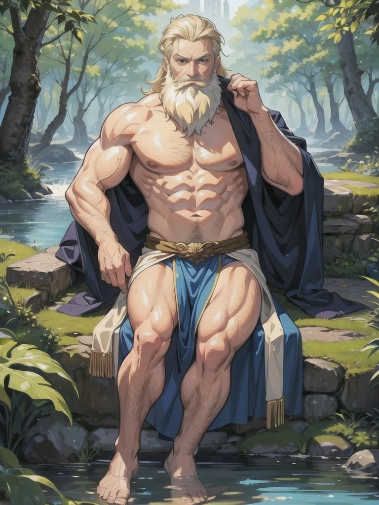 (best quality), masterpiece, ultra-detailed, old guy, beard, muscular physique,full body portrait,blonde hair, intense blue eyes, stream, forest, hairly chest, loincloth, sitting
