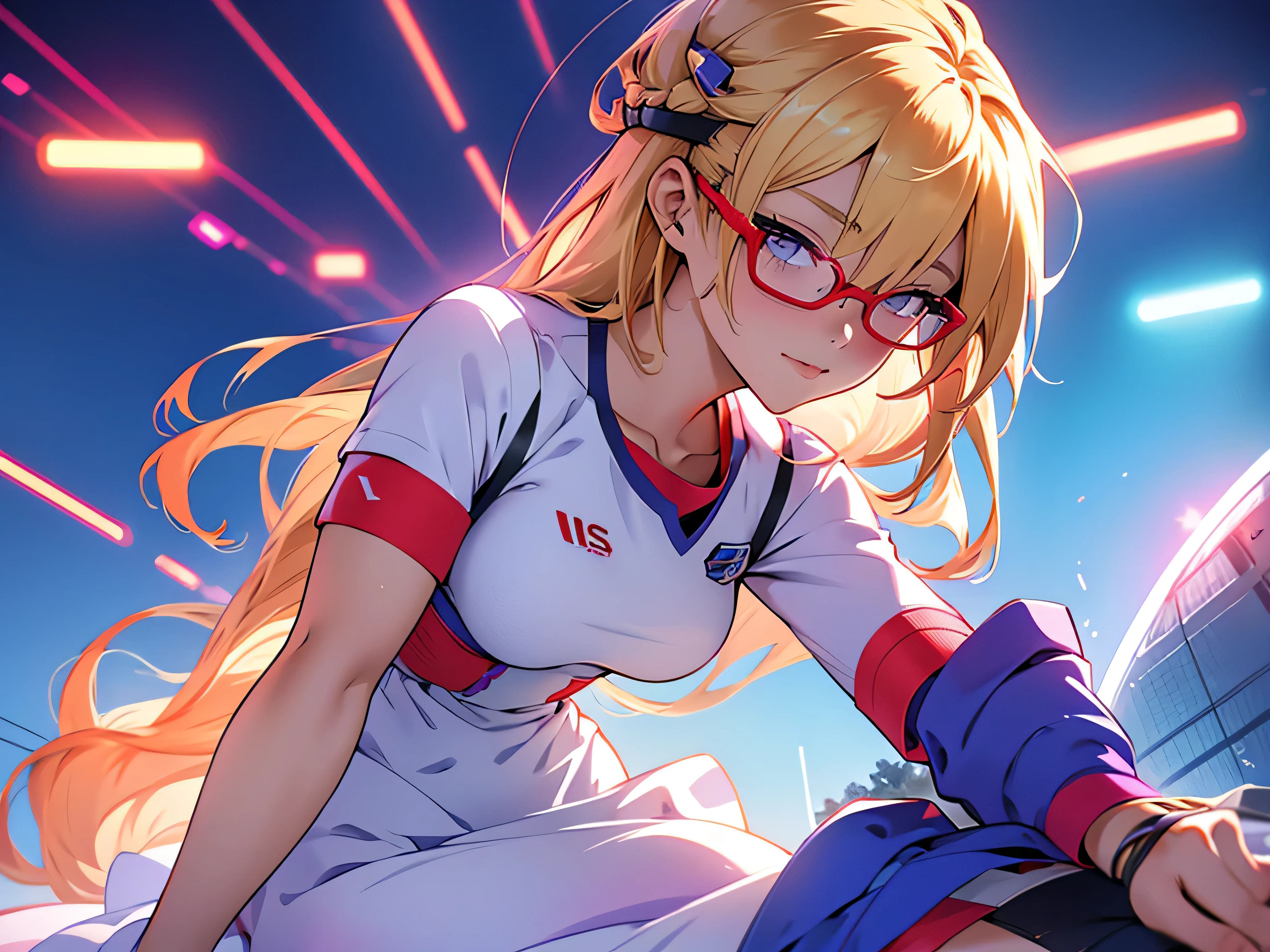 anime,An illustration,purple robot,Mobile Suit,Dom,Light blue check dress,Red glasses,Blonde,Light blue mesh hair,beautiful girl,Sora Sakurano,one person