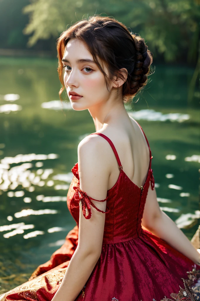 ( masterpiece, top quality, best quality,8k,17 years old girl,ultra detailed,raw photo:1.5),(photorealistic:1.4),(cinematic lighting), PerfectNwsjMajic, , Surrealism, UHD, ccurate, Super detail, textured skin, High detail, Best quality, dynamic angle, (high nose,White skin),[Beautiful blue eyes],(1girl),(good anatomy:0.5)), a woman in a dress, rococo queen, rococo fashion, rococo style portrait,rococo dress, rococo cyberpunk, No estilo de arte de Bowater, Senhora Vitoriana, Dreamy atmosphere,expressive brush strokes, mystical ambiance, Artistic interpretation, a whimsical illustration, Subtle colors and tones, face, half-up half-down hairstyle,dark red hair