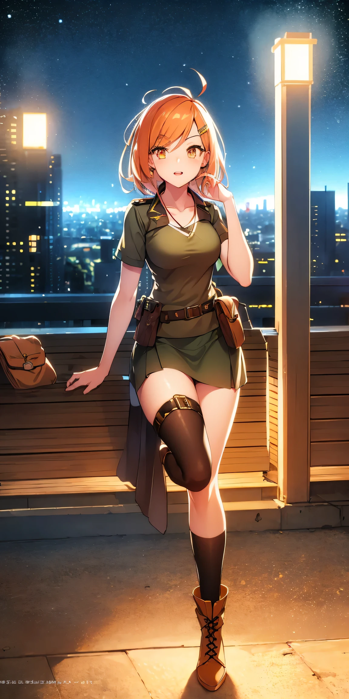 orange eyes light,richly faded light orange hair, anime 1girl, no skirt, brown military boots, pouch on the waist belt, khaki bikini, "black tights", "dark_orange knee pad on right leg",( night city:1.4), black long cloak, (good hand:1.5 ) good legs, (Good face: 1.5), 1girl, best hand, no worst hand. without clothes, in big city, khaki t-shirt, best face, very good face, hyper detail, colorful