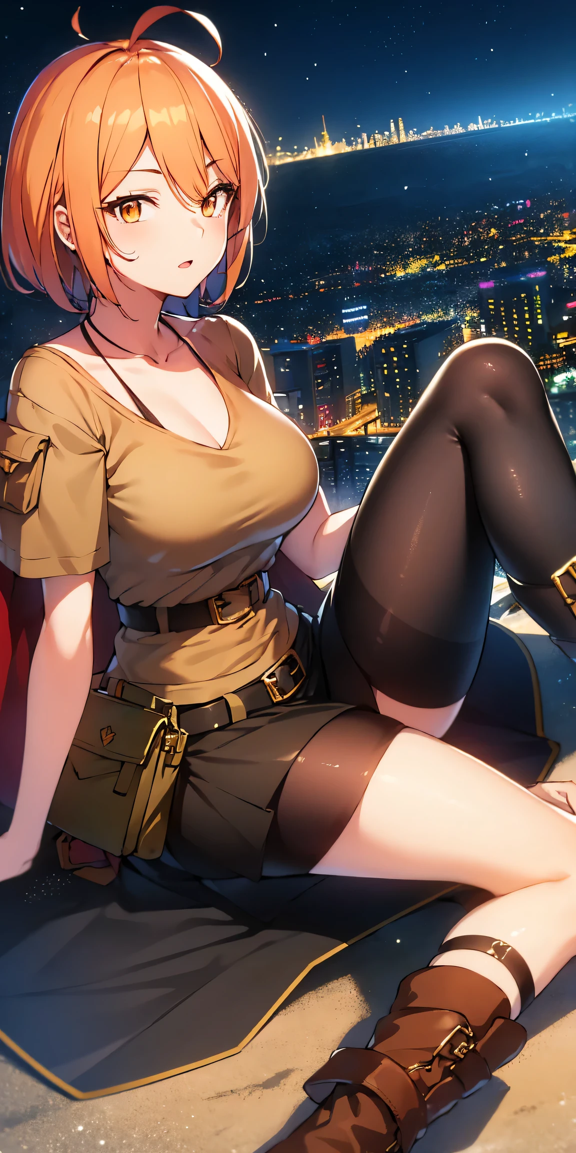 orange eyes light,richly faded light orange hair, anime 1girl, no skirt, brown military boots, pouch on the waist belt, khaki bikini, "black tights", "dark_orange knee pad on right leg",( night city:1.4), black long cloak, (good hand:1.5 ) good legs, (Good face: 1.5), 1girl, best hand, no worst hand. without clothes, in big city, khaki t-shirt, best face, very good face, hyper detail, colorful