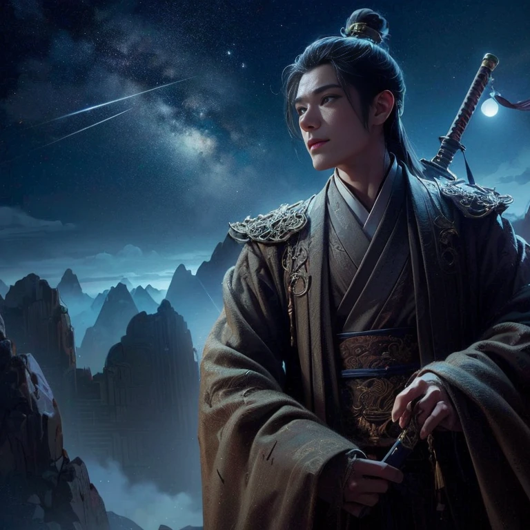 (Best Quality:1.2), (high resolution:1.2), (beautiful face and eye:1.5), (sharpest focus:1.2), (Ultra-realistic Photo:1.2), (Ultra-precise Photo:1.2), (Depth of field:1.2), (8k high resolution:1.2). (perfect :1.2), 
(nice hands:1.5), (perfect hands:1.5), (Cynical smile:1.2), (A very young and beautiful Chinese man:1.0), (lying down quietly with closed sick eyes:1.2), (At the top of a steep rocky mountain:1.2), 
(Stars of Leo twinkling in the night sky:1.2), (Looking down angle:1.2), (holding a drawn sword:1.0), (Chinese warrior with very light armor and beat-up arms:1.0), 