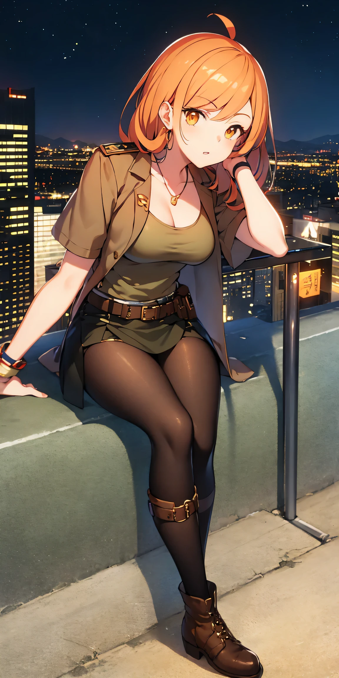 orange eyes light,richly faded light orange hair, anime 1girl, no skirt, brown military boots, pouch on the waist belt, khaki bikini, "black tights", "dark_orange knee pad on right leg",( night city:1.4), black long cloak, (good hand:1.5 ) good legs, (Good face: 1.5), 1girl, best hand, no worst hand. without clothes, in big city, khaki t-shirt, best face, very good face, hyper detail, colorful