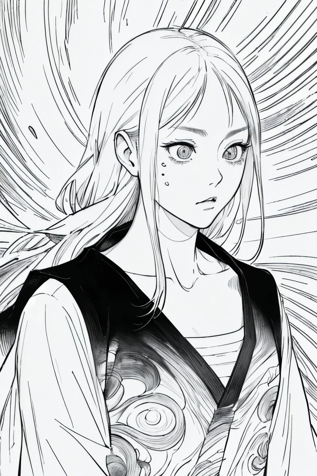 Long hair in women, black背景, sad, Expressionless, shot in the chest, Upper body close-up, rough Expressive lines, Expressive lines, dark lines, Dense lines, Strong line drawing, masterpiece, highest quality, Super quality, Very delicate and beautiful, horror manga, 白blackマンガ, black & draw with white line, Inspired by Junji Ito, Junji Ito's artistic style, Written by hand, Focus Character, Very fine,