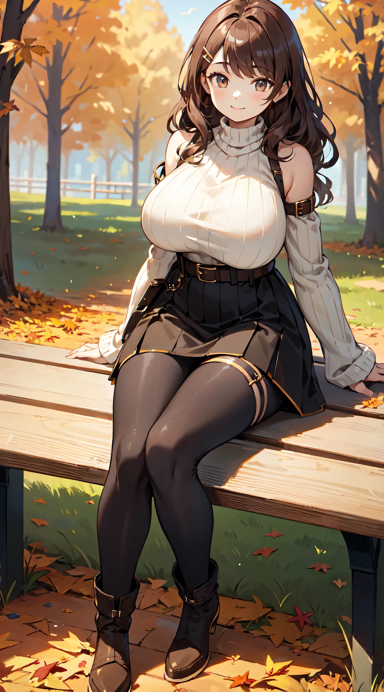 masterpiece,best quality,ultra detailed,8k,tall,big female,gigantic breasts,young,20 years old,medium hair,wavy hair,brown hair,hairclip,happy,smile,brown sweater,ribbed sweater,bare shoulders,detached sleeves,belt buckle,black tights,boots,strapless,fall leaves,park,autumn leaves,outdoors,full body,sitting on bench,