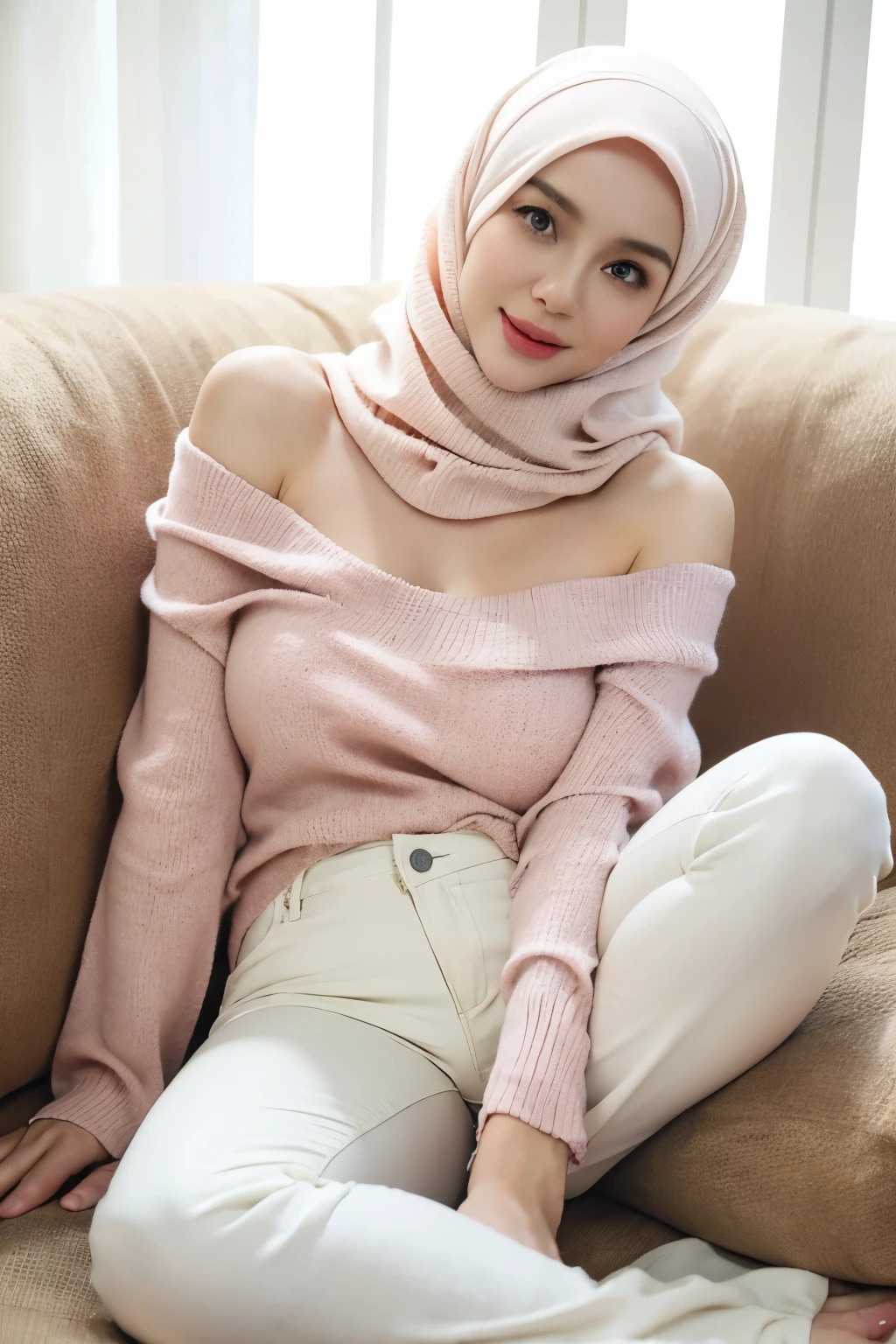 iu:0.8).cleavage, RAW, Best quality, high resolution, Masterpiece: 1.3, Beautiful glasses hijabi java girl wearing shorts and sportra, Masterpiece, Soft smile