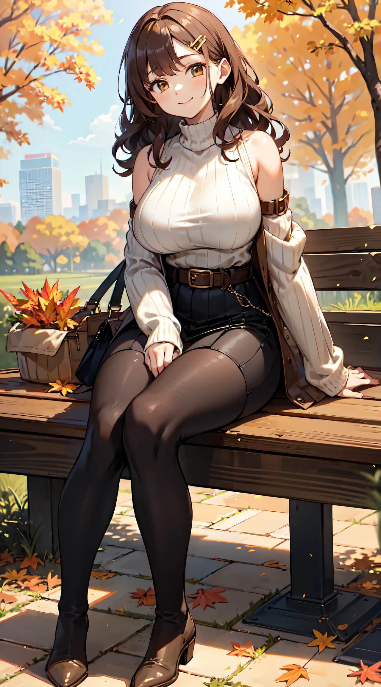 masterpiece,best quality,ultra detailed,8k,tall,big female,gigantic breasts,young,20 years old,medium hair,wavy hair,brown hair,hairclip,happy,smile,brown sweater,ribbed sweater,bare shoulders,detached sleeves,belt buckle,black tights,boots,strapless,fall leaves,park,autumn leaves,outdoors,full body,sitting on bench,