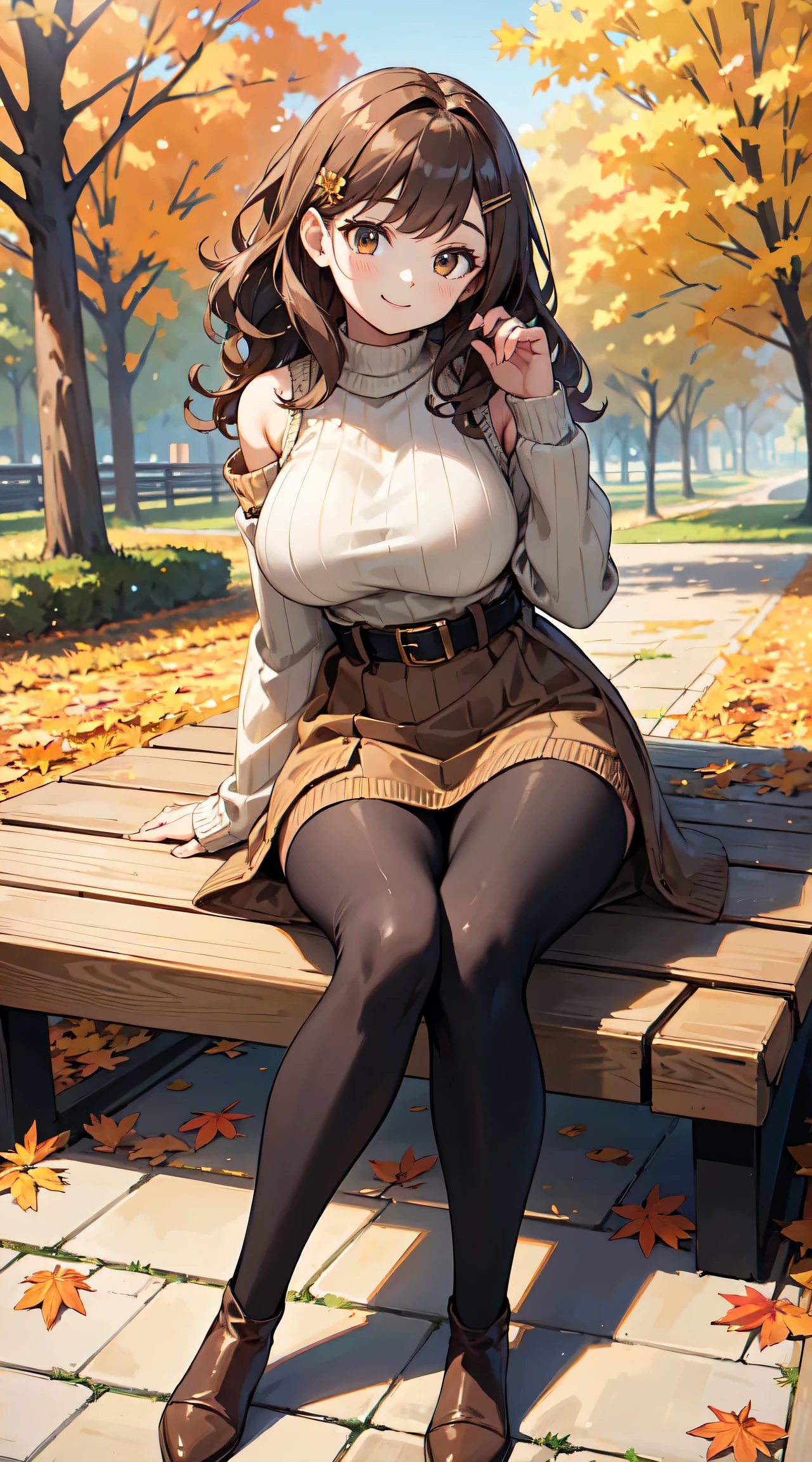 masterpiece,best quality,ultra detailed,8k,tall,big female,gigantic breasts,young,20 years old,medium hair,wavy hair,brown hair,hairclip,happy,smile,brown sweater,ribbed sweater,bare shoulders,detached sleeves,belt buckle,black tights,boots,strapless,fall leaves,park,autumn leaves,outdoors,full body,sitting on bench,