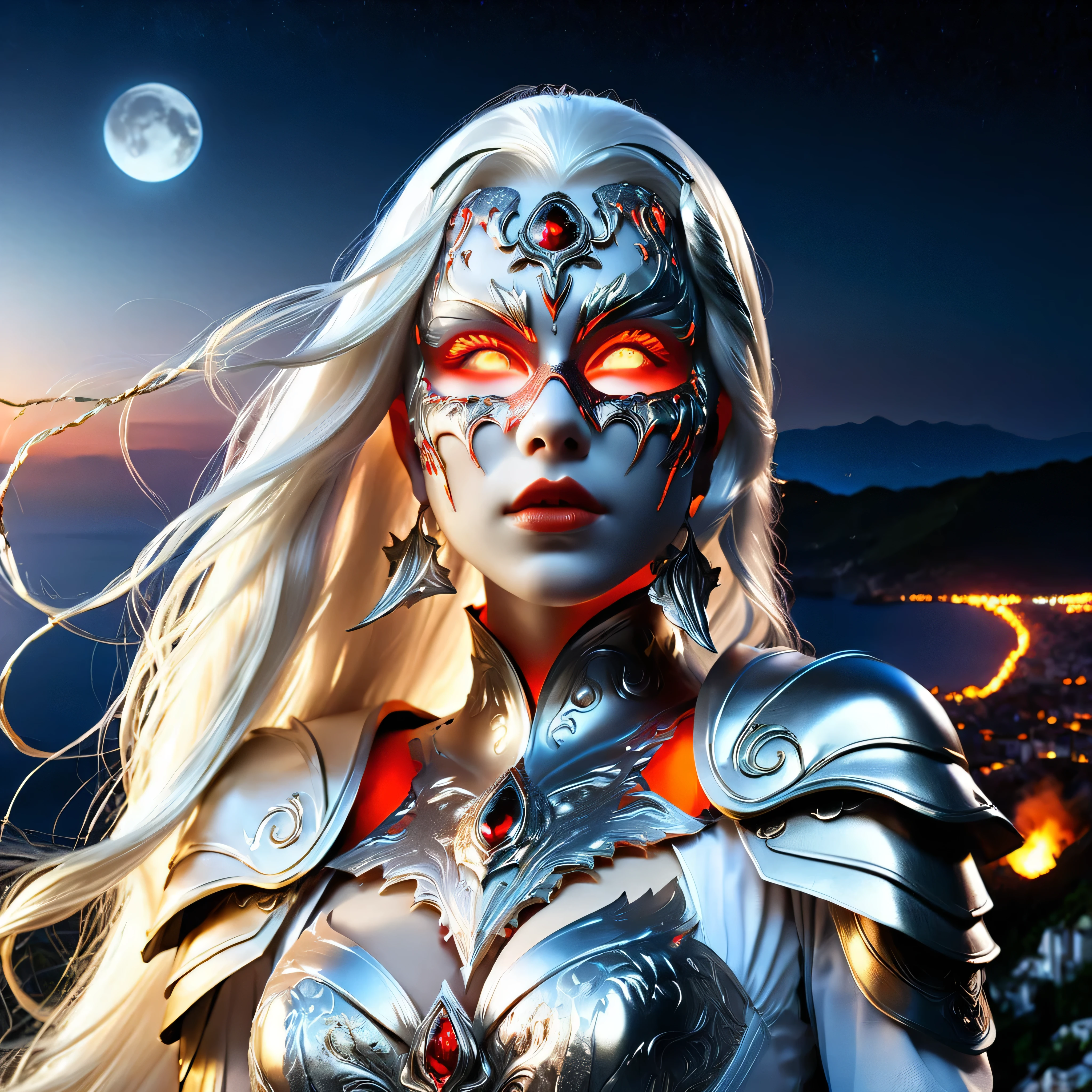 realistisch, Perfektes Meisterwerk, good quality, High resolution, Highest image quality, 8k hd. 1 girl, long white-silver hair, rote Augen, Glowing eyes, . kybernetischer Anzug, Masken. Nacht, Mond, Destruction in the background. sehr detaillierter Hintergrund