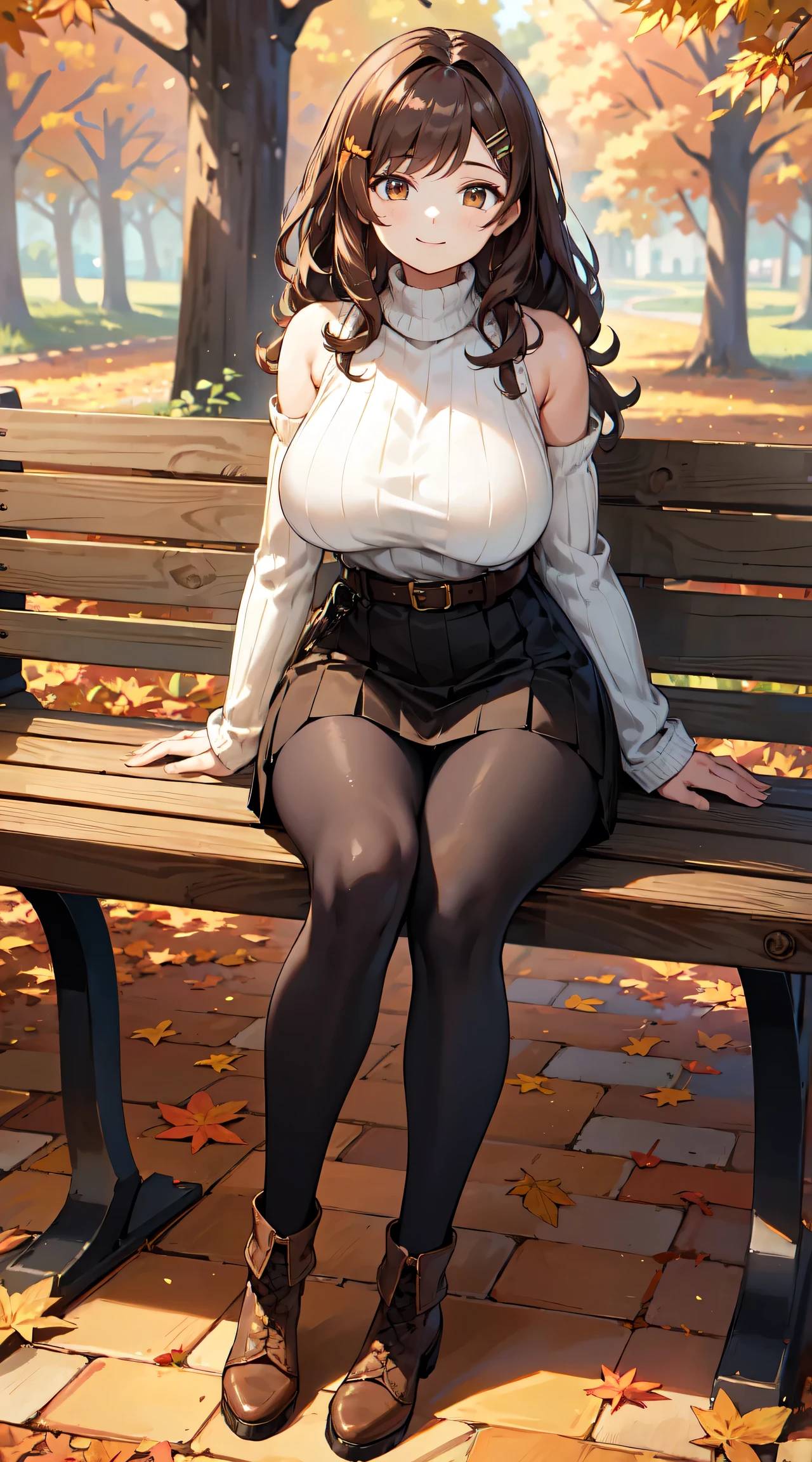 masterpiece,best quality,ultra detailed,8k,tall,big female,gigantic breasts,young,20 years old,medium hair,wavy hair,brown hair,hairclip,happy,smile,brown sweater,ribbed sweater,bare shoulders,detached sleeves,belt buckle,black tights,boots,strapless,fall leaves,park,autumn leaves,outdoors,full body,sitting on bench,