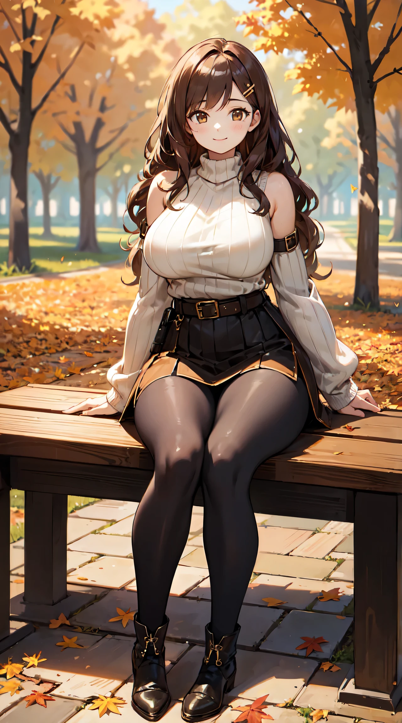 masterpiece,best quality,ultra detailed,8k,tall,big female,gigantic breasts,young,20 years old,medium hair,wavy hair,brown hair,hairclip,happy,smile,brown sweater,ribbed sweater,bare shoulders,detached sleeves,belt buckle,black tights,boots,strapless,fall leaves,park,autumn leaves,outdoors,full body,sitting on bench,