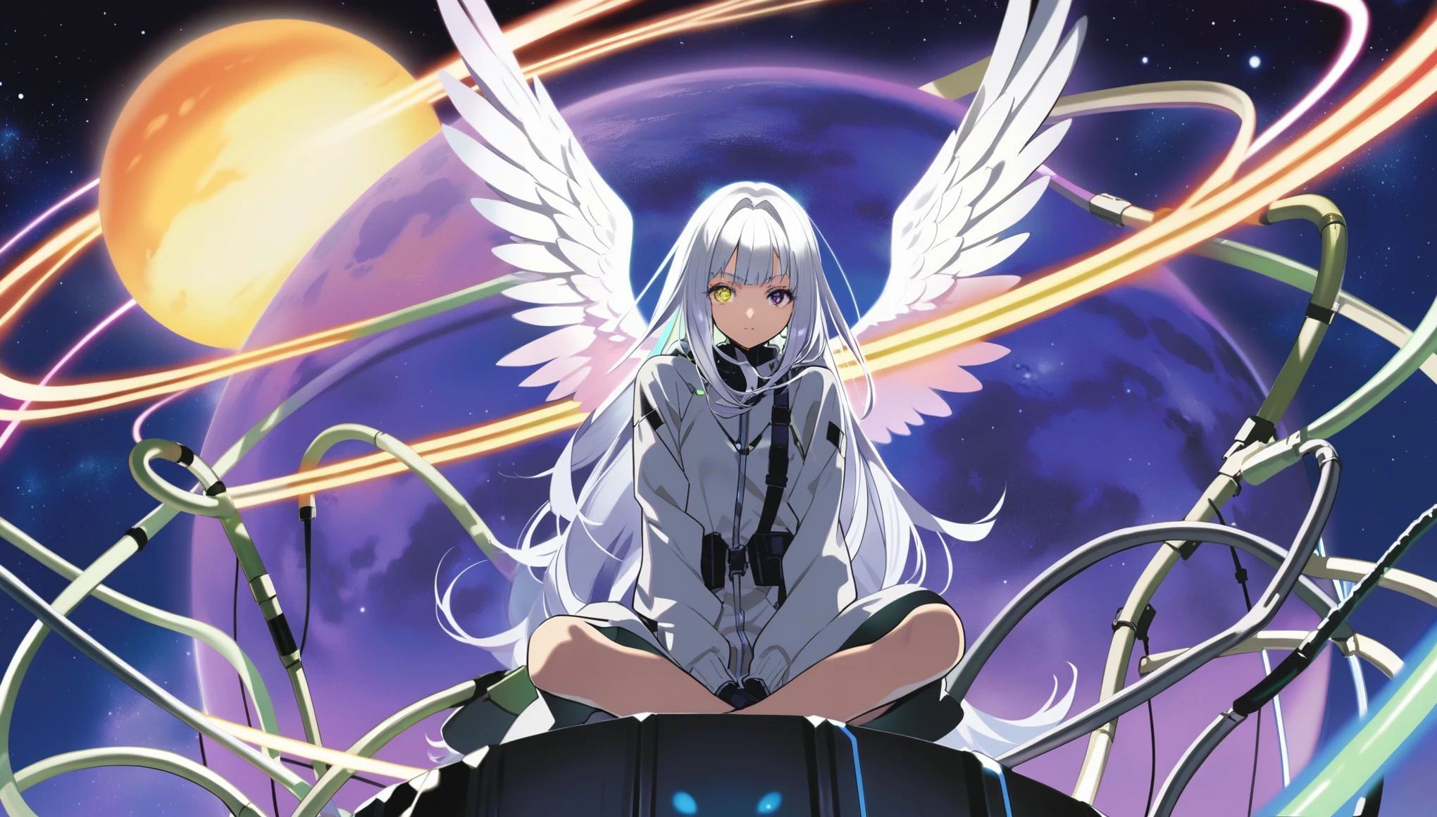 One girl, by yoneyama mai, Mymuro, Suspected habitat, wave hands, Heterochromatic pupil, (Sitting on a neon planet), Cowboy Shot,Great quality, Pushed down, Angel Wings, alone, Long white hair, Winged Bangs, Provocative, Space Background, The contrast between the cables and wires is aesthetically pleasing, Beautiful colors, (Great quality:1.5), masterpiece