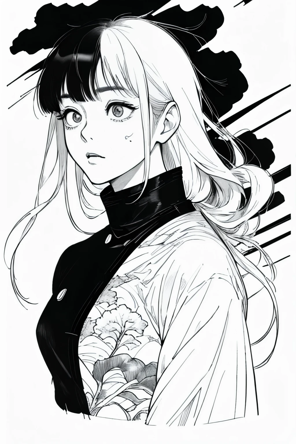 Long hair in women, black背景, sad, Expressionless, shot in the chest, Upper body close-up, rough Expressive lines, Expressive lines, dark lines, Dense lines, Strong line drawing, masterpiece, highest quality, Super quality, Very delicate and beautiful, horror manga, 白blackマンガ, black & draw with white line, Inspired by Junji Ito, Junji Ito's artistic style, Written by hand, Focus Character, Very fine,