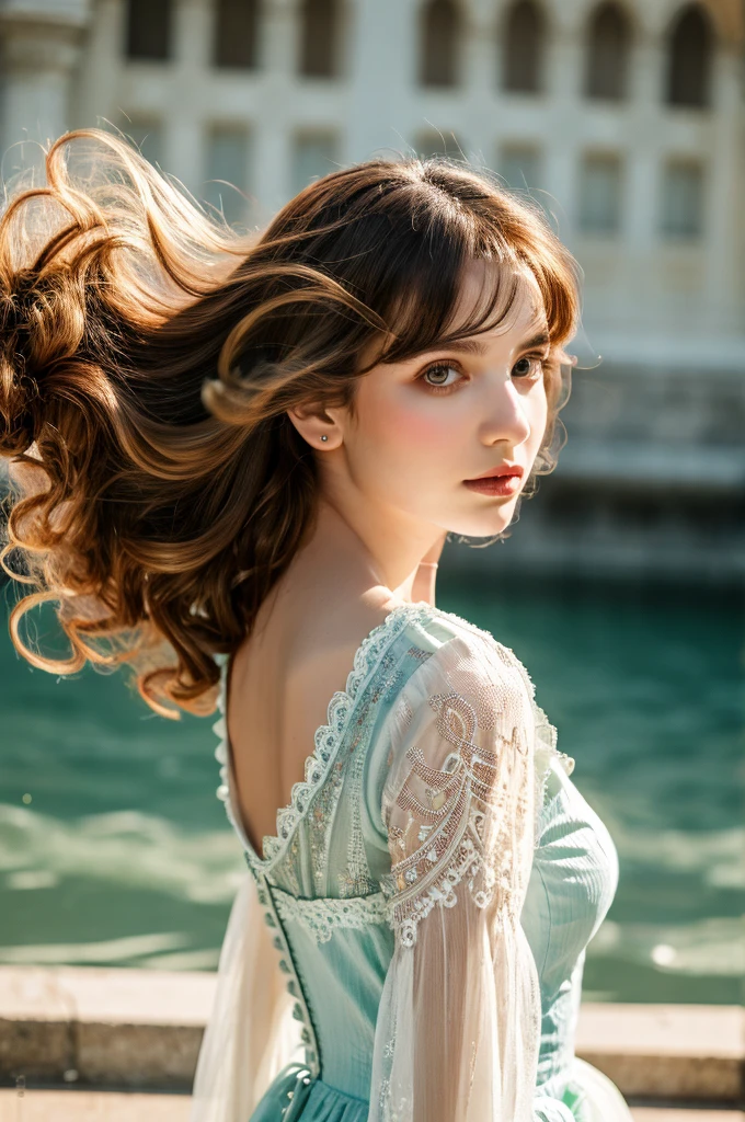 ( masterpiece, top quality, best quality,8k,17 years old girl,ultra detailed,raw photo:1.5),(photorealistic:1.4),(cinematic lighting), PerfectNwsjMajic, , Surrealism, UHD, ccurate, Super detail, textured skin, High detail, Best quality, dynamic angle, (high nose,White skin),[Beautiful blue eyes],(1girl),(good anatomy:0.5)), a woman in a dress, rococo queen, rococo fashion, rococo style portrait,rococo dress, rococo cyberpunk, No estilo de arte de Bowater, Senhora Vitoriana, Dreamy atmosphere,expressive brush strokes, mystical ambiance, Artistic interpretation, a whimsical illustration, Subtle colors and tones, sunny,face, Beach Waves Hairstyle