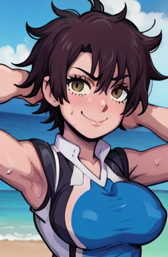 masterpiece, best quality, nagisa, looking at viewer, very large breasts, upper body, portrait, seductive smile, put your hands behind your head, armpits, armpits visible, sweaty armpits, wearing badminton uniform, on beach, tomboy, short hair