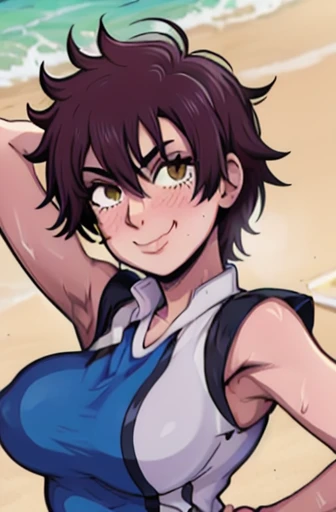 masterpiece, best quality, nagisa, looking at viewer, very large breasts, upper body, portrait, seductive smile, put your hands behind your head, armpits, armpits visible, sweaty armpits, wearing badminton uniform, on beach, tomboy, short hair