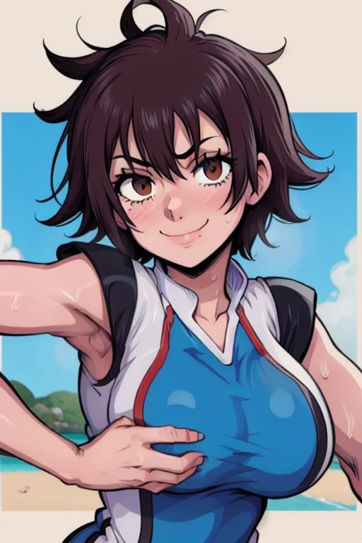 masterpiece, best quality, nagisa, looking at viewer, very large breasts, upper body, portrait, seductive smile, put your hands behind your head, armpits, armpits visible, sweaty armpits, wearing badminton uniform, on beach, tomboy, short hair