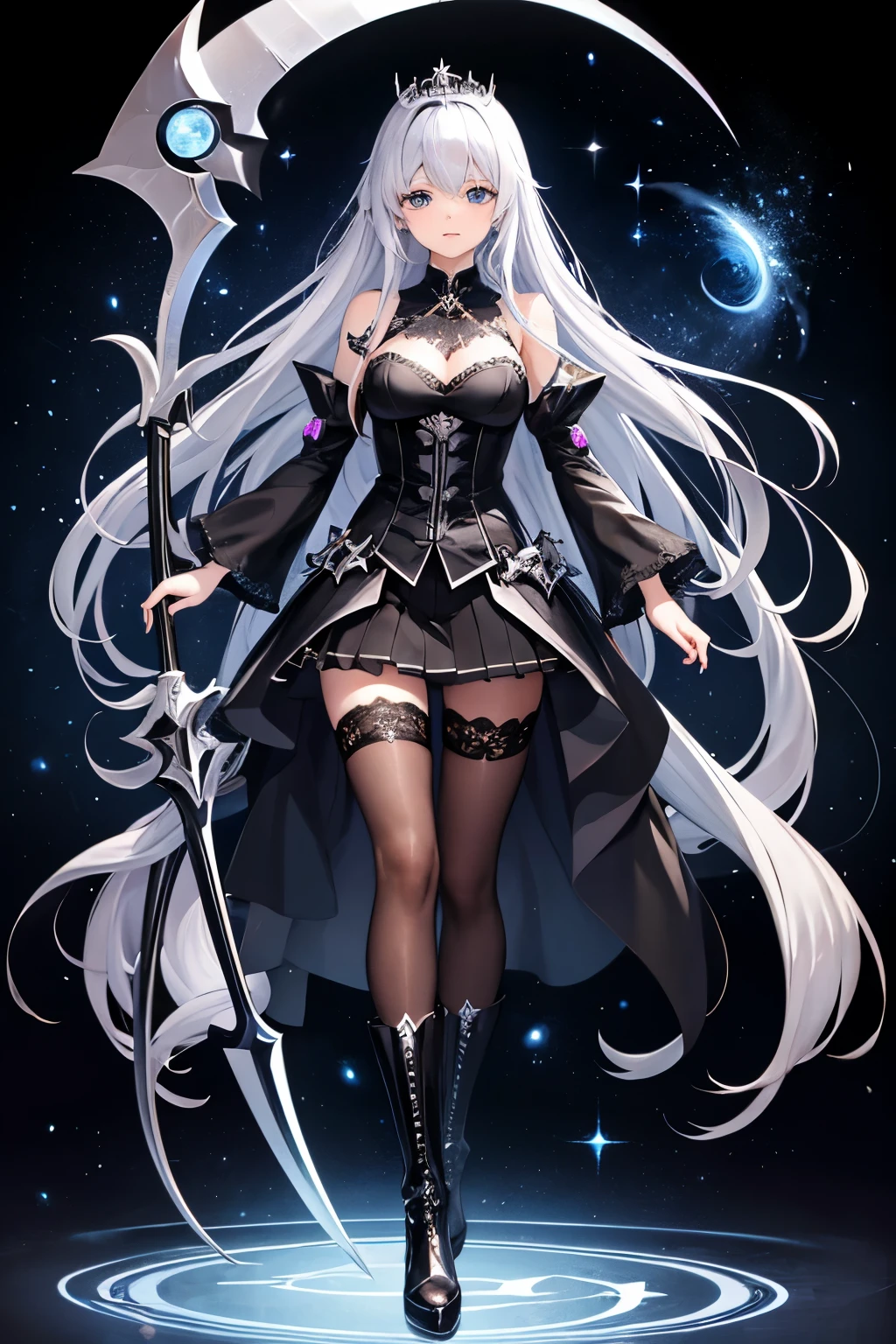 (((highest quality、first-clasasterpiece、Normal body、8k、Detailed face、Ultra-precision、Normal hand、Normal finger、5Finger、)))Silver Hair、Princess、Black Dress、Black Skirt、Ridiculous Costumes、Shiny Tiara、Metal Boots、Death Scythe、Fantastic Scythe、Dark Scythe、Grim Reaper、grim Reaper、universe、big bang、Supernova、Black Hole、巨大なmagic陣、背後にmagic陣、magic、Magic Light、magic cirlcle、Hel&Haven